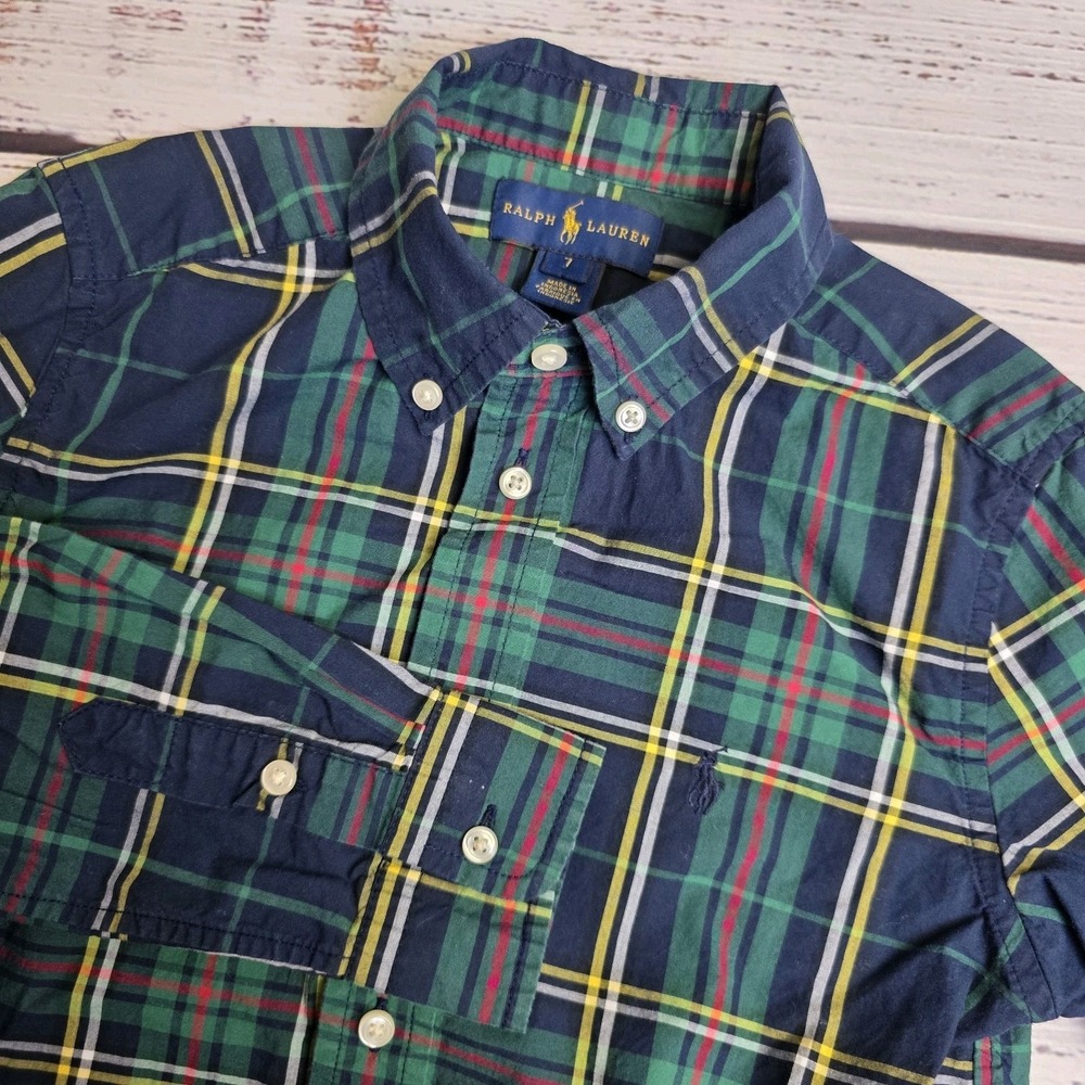 Ralph Lauren Shirt Boys Youth Size 7 Green Blue Plaid Long Sleeve Button Down